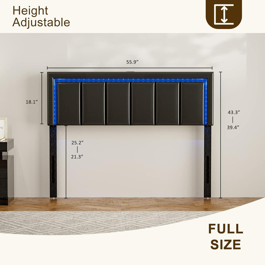 IKIFLY Full Size LED Headboard with 2 USB Ports, Adjustable Height - Modern Upholstered Faux Leather Full Headboard Only with Changing LED Lights, Easy Assembly, Black