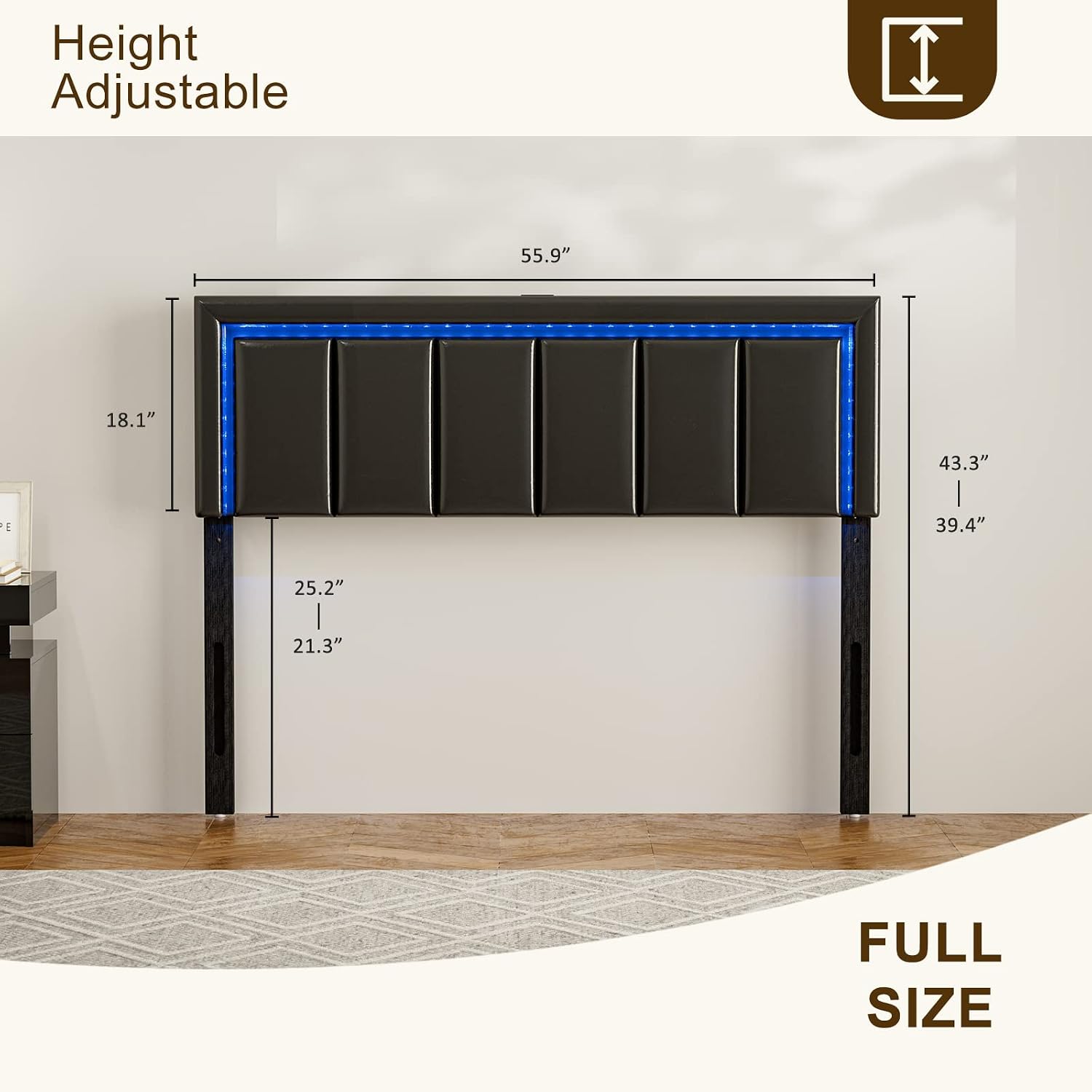 IKIFLY Full Size LED Headboard with 2 USB Ports, Adjustable Height - Modern Upholstered Faux Leather Full Headboard Only with Changing LED Lights, Easy Assembly, Black