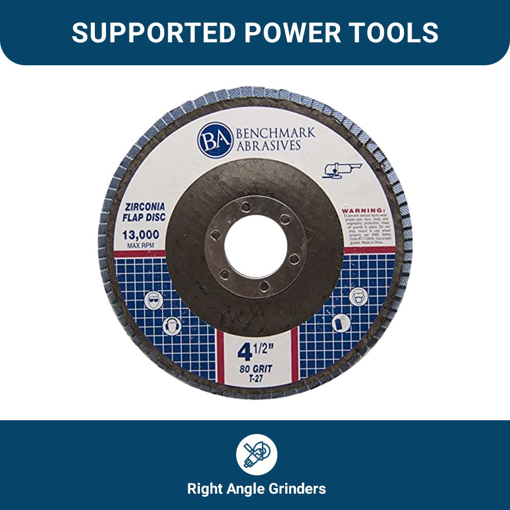 Benchmark Abrasives 4.5' x 7/8' Premium Zirconia T27 Flat Flap Discs 4 1/2 for Angle Grinder Sanding Discs, Finishing Grinding Wheels 4 1/2 Inch for Sanding Stock Rust Removal (100 Pack) - 80 Grit