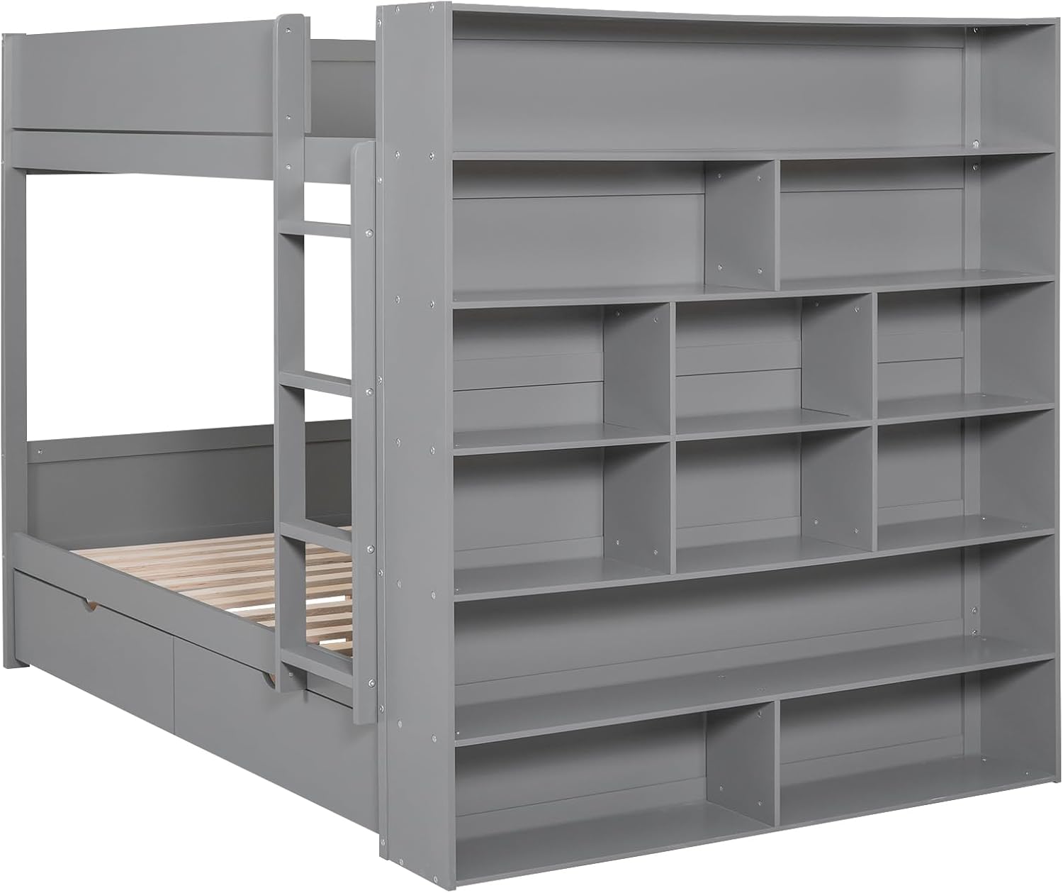 Merax Full Over Full Bunk Bed with 2 Drawers and Multi-Layer Cabinet, Gray