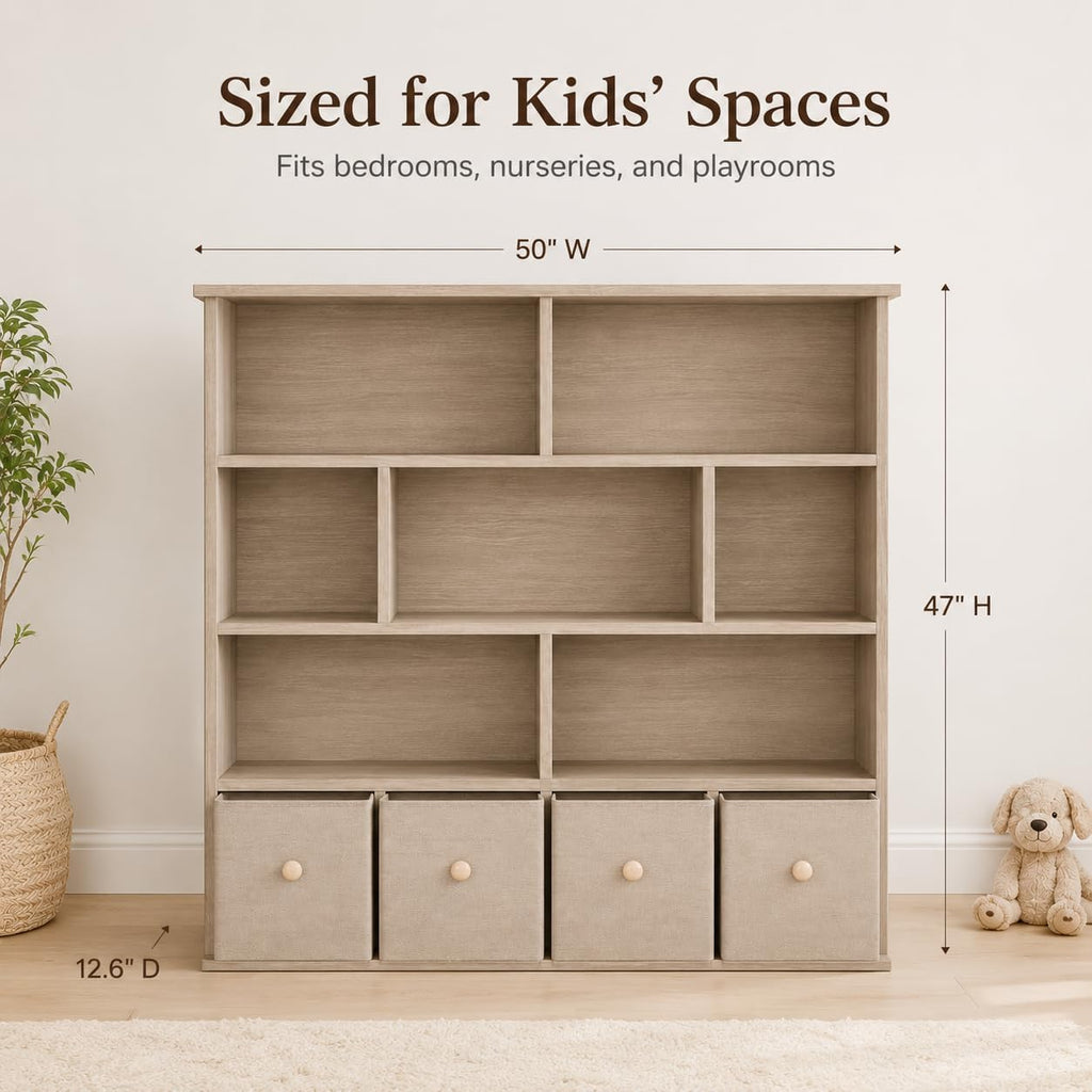 EROMMY 47' H Toy Storage Organizer and Bookcase, Toy Storage with 7 Storage Cubbies & 4 Foldable Drawers, Kids Book Shelf with Anti-tip Design, Modern Kids Furniture for Playroom, Bedroom, Natural