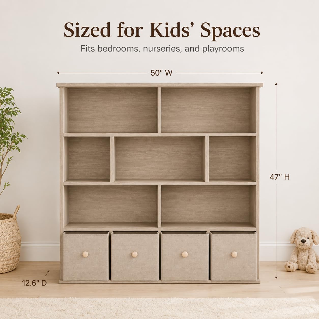 EROMMY 47' H Toy Storage Organizer and Bookcase, Toy Storage with 7 Storage Cubbies & 4 Foldable Drawers, Kids Book Shelf with Anti-tip Design, Modern Kids Furniture for Playroom, Bedroom, Natural