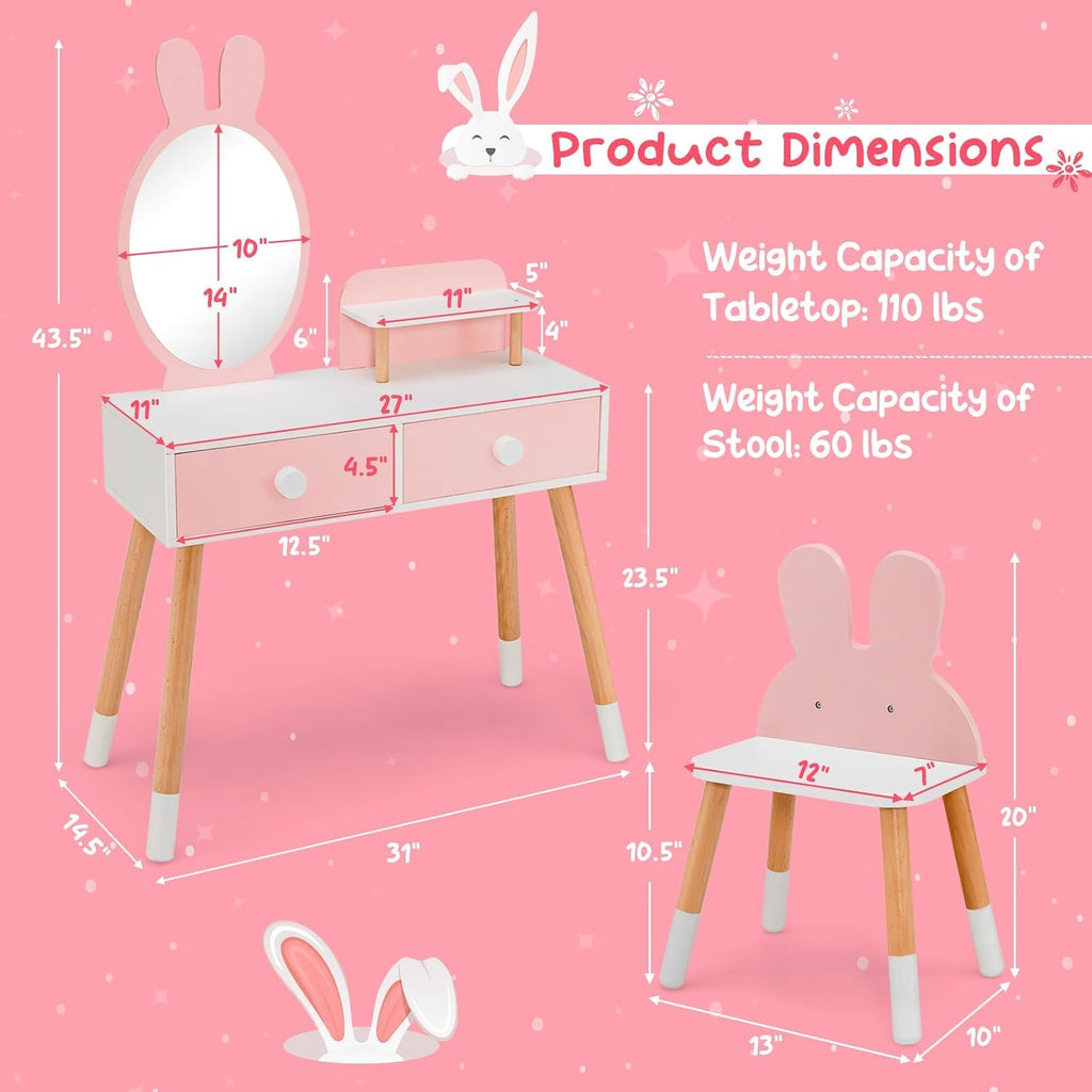 Costzon Kids Vanity Set & Jewelry Armoire Cabinet, Wooden Kids Vanity Table and Chair Set, Standing Jewelry Organizer with Full-Length Mirror, Kids Bedroom Furniture Set for Girls (Pink)