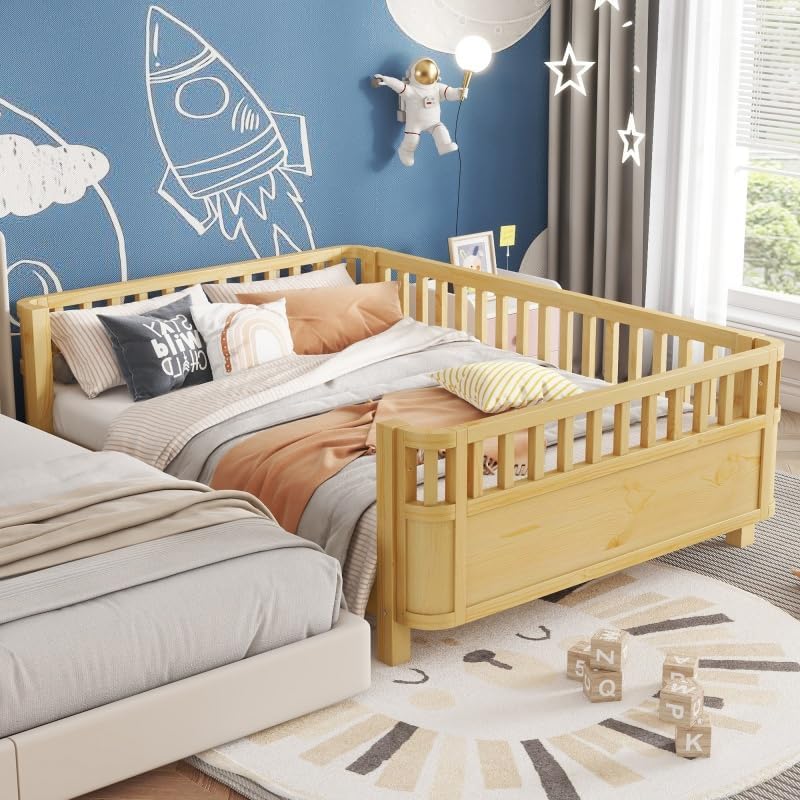 JIJIWANG Montessori Floor Bed with Slats, Low Profile Full Bed Frame for Kids, for Kids Bedroom, Girls & Boys, No Box Spring Needed, Natural