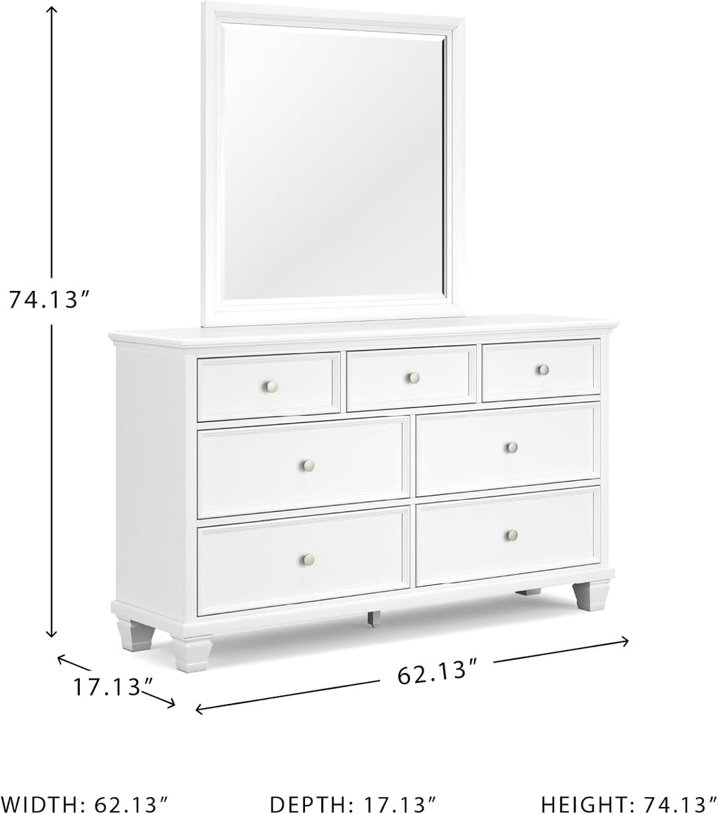 Signature Design by Ashley Fortman Casual Dresser and Mirror, Tapered Feet, 7 Storage Drawers, Round Satin Nickel Metal Knobs, Wood, 74.13' High, White