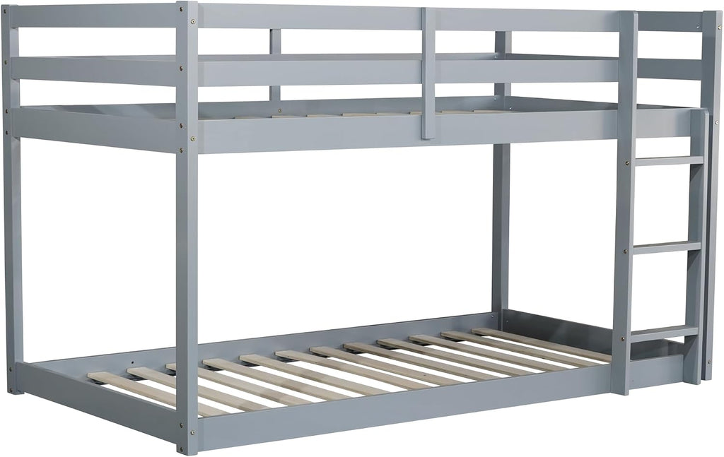 Ball & Cast Solid Rubber Wooden Twin Over Twin Bunk Bed with Ladder and Full Length Guardrail,Low Bunkbed w/Slat Support,Bedroom Furniture for Girls Boys,Grey