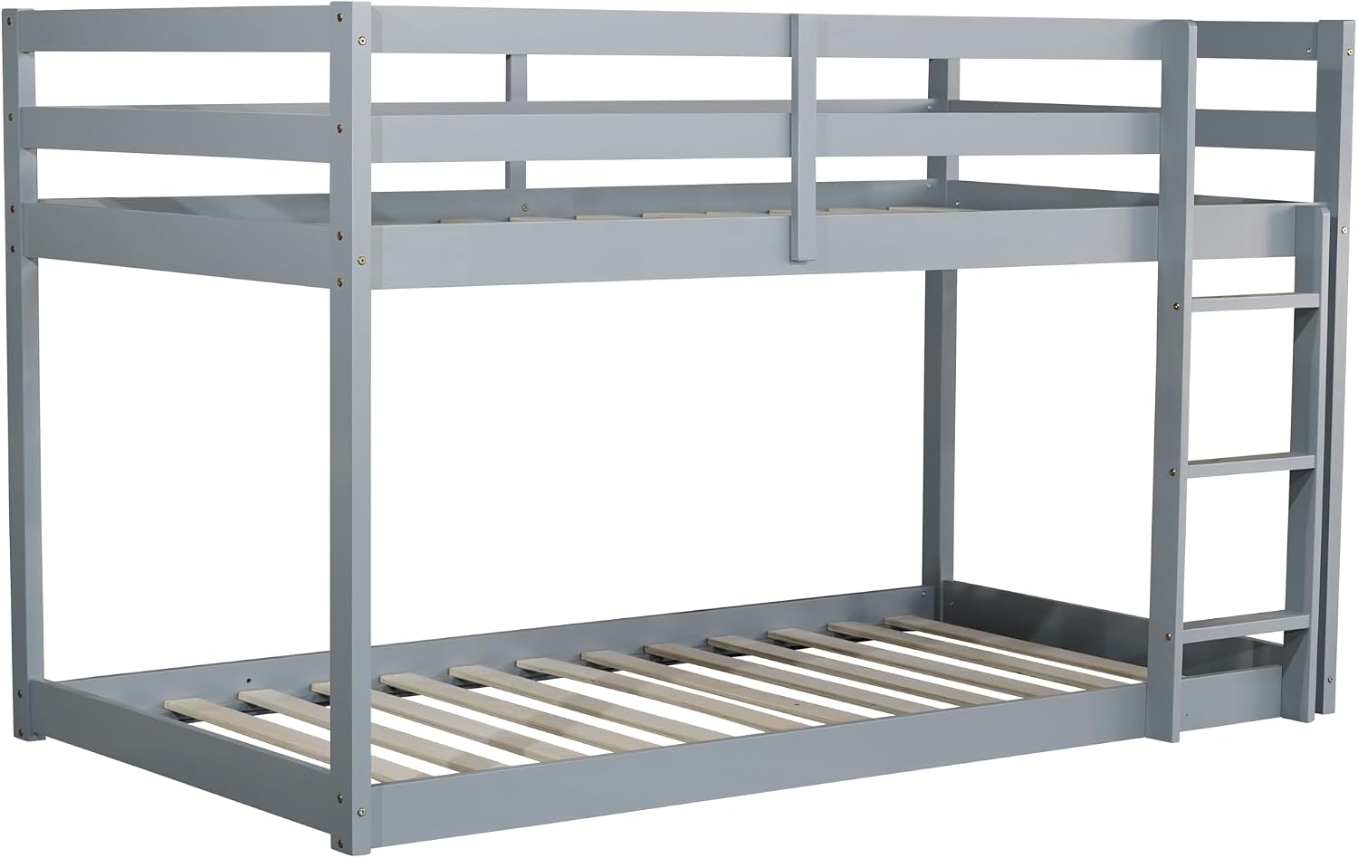 Ball & Cast Solid Rubber Wooden Twin Over Twin Bunk Bed with Ladder and Full Length Guardrail,Low Bunkbed w/Slat Support,Bedroom Furniture for Girls Boys,Grey