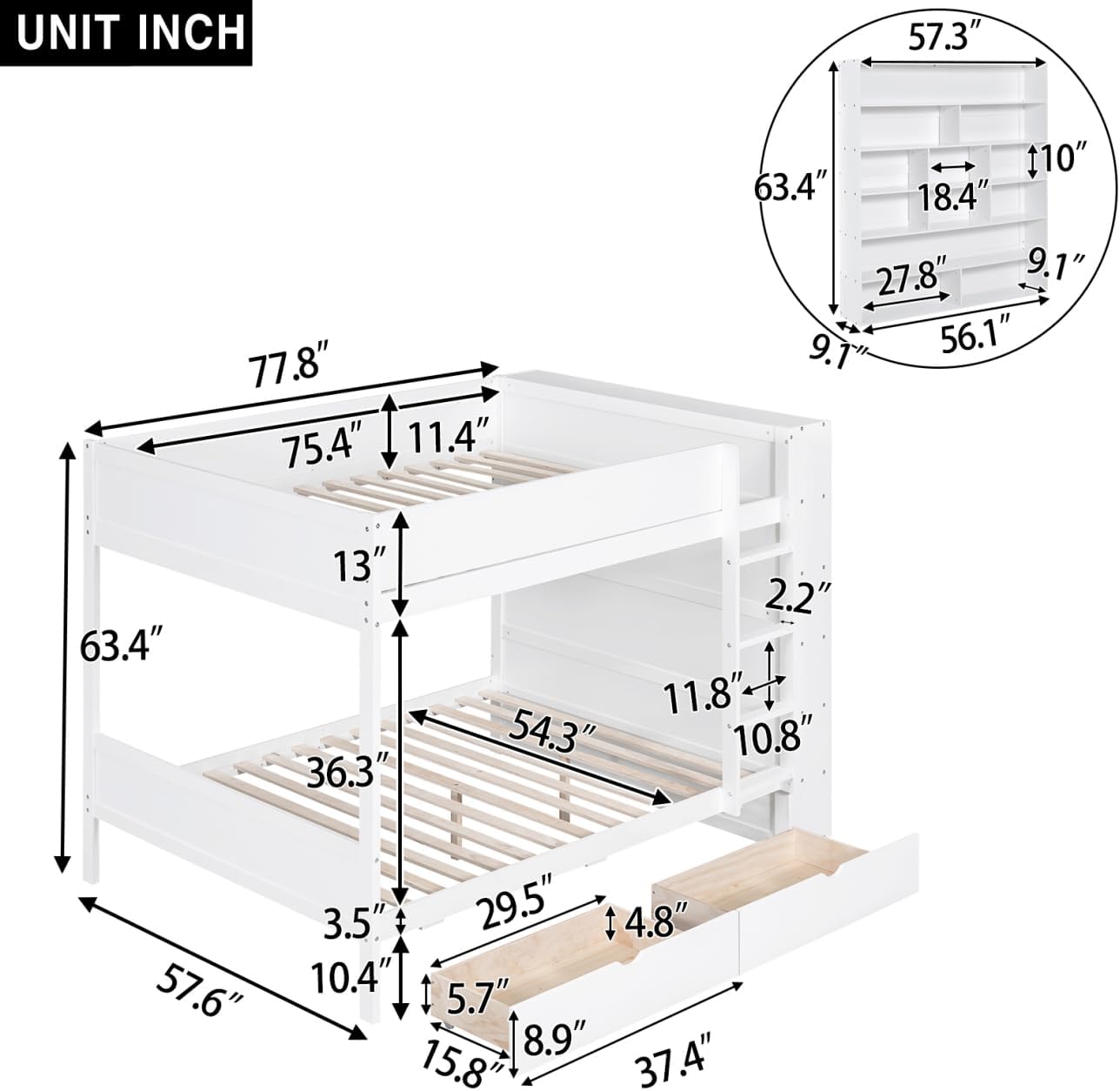 Full Over Full Bunk Bed with Bookcase and Drawers,Wooden All-in-one Furniture Set with Multi-Layer Cabinet for Kids Girls Boys-White