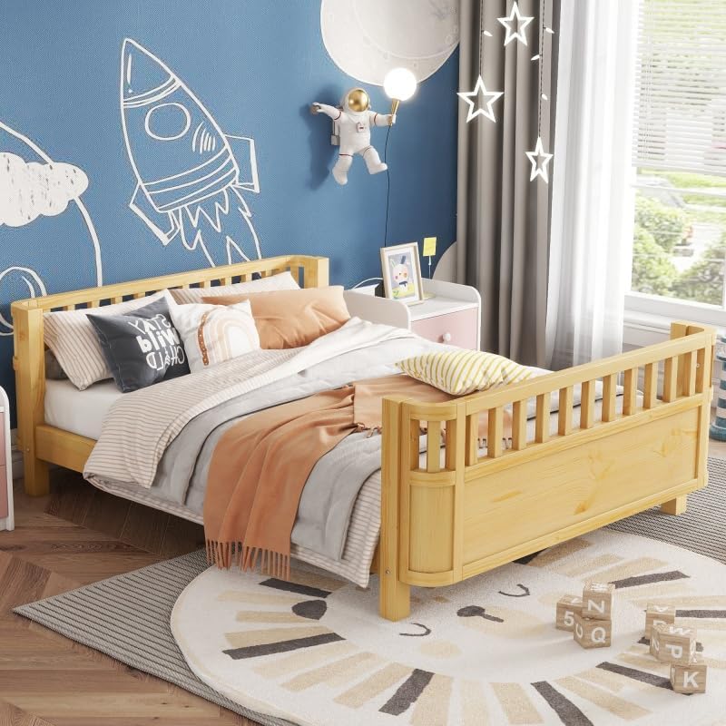 JIJIWANG Montessori Floor Bed with Slats, Low Profile Full Bed Frame for Kids, for Kids Bedroom, Girls & Boys, No Box Spring Needed, Natural