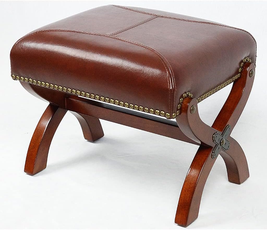Leather Footrest Wood Ottoman,Rustic Foot Stools Seat, Wood Footstool,Rectangle Footrest Small Ottoman for Living Room Bedroom (Brown)
