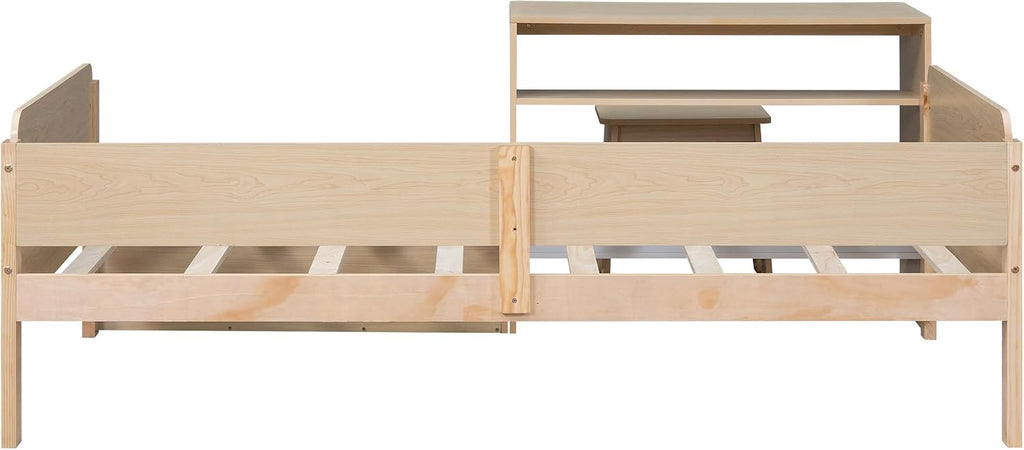 Functional Design Twin Size Platform Bed Daybed with 2 Drawers and 1 Chair&Desk Set, Solid Wood Daybed Frame with Full-Length Guardrails for Kids Boys Girls, Sturdy Slat Support (Natural+White)