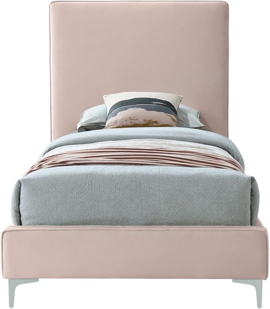 Meridian Furniture Geri Collection Modern | Contemporary Velvet Upholstered Bed with Piping on Headboard and Foorboard in Gold or Chrome Finish, Twin, Pink