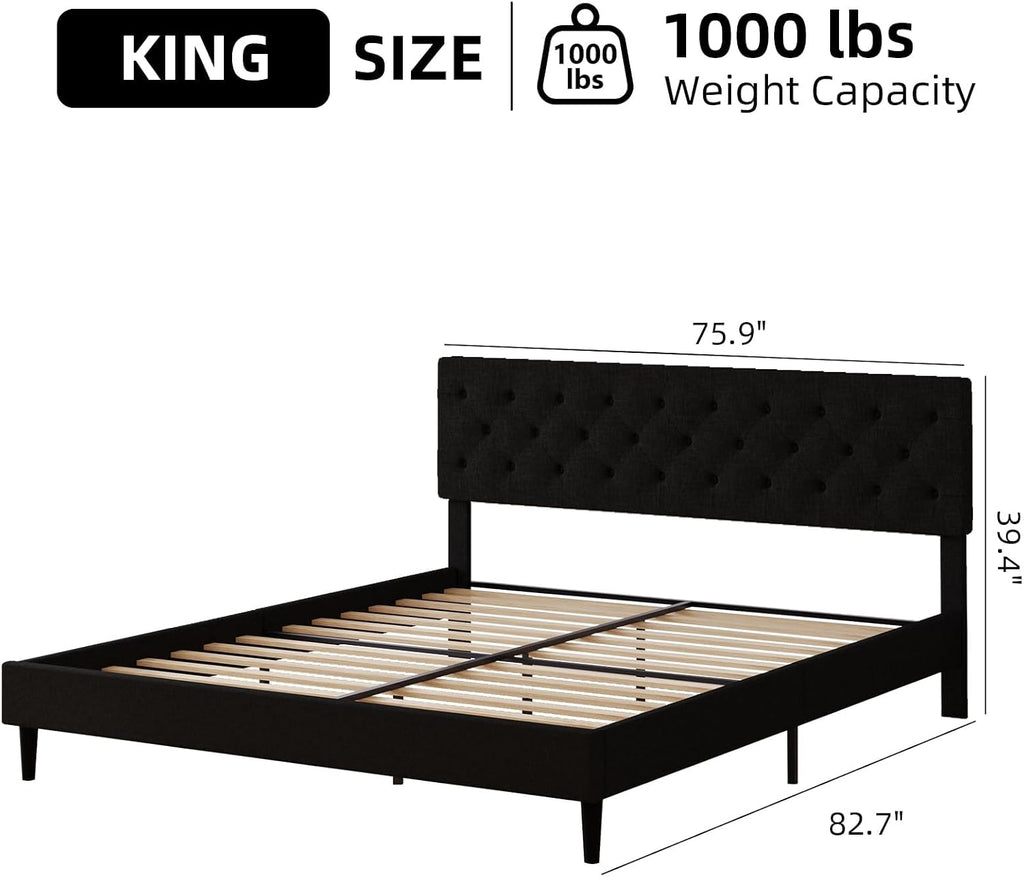 HOMBCK King Size Bed Frame, Linen Fabric Upholstered Bed Frame King Size with Headboard, Wood Slats Support, Button Tufted Design, No Box Spring Needed, Black