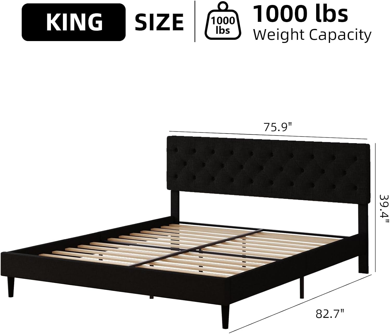 HOMBCK King Size Bed Frame, Linen Fabric Upholstered Bed Frame King Size with Headboard, Wood Slats Support, Button Tufted Design, No Box Spring Needed, Black