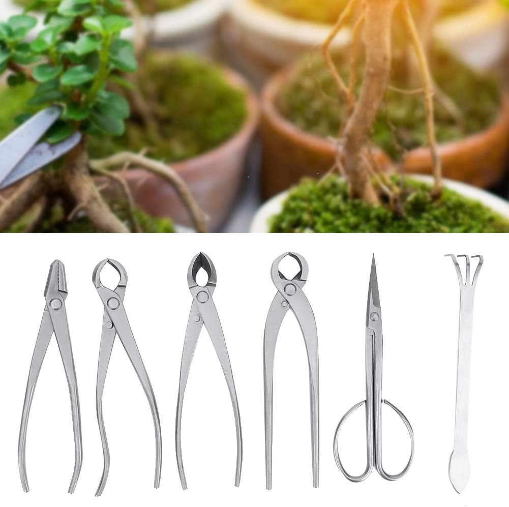 6X Bonsai tools, gardening plant and tree pruning tools, including concave shears, ball shears, trunk splitters and bonsai scissors.