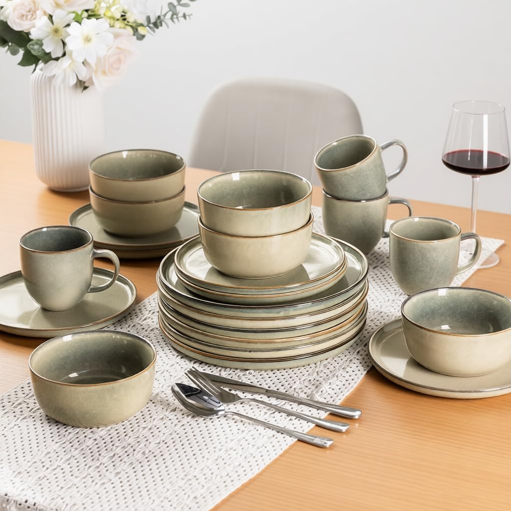 AmorArc Stoneware Dinnerware Sets,Round Reactive Glaze Ceramic Plates and Bowls Sets,Highly Scratch Resistant | Dishwasher & Microwave Safe,Service for 8 Dishes Set (24pc)