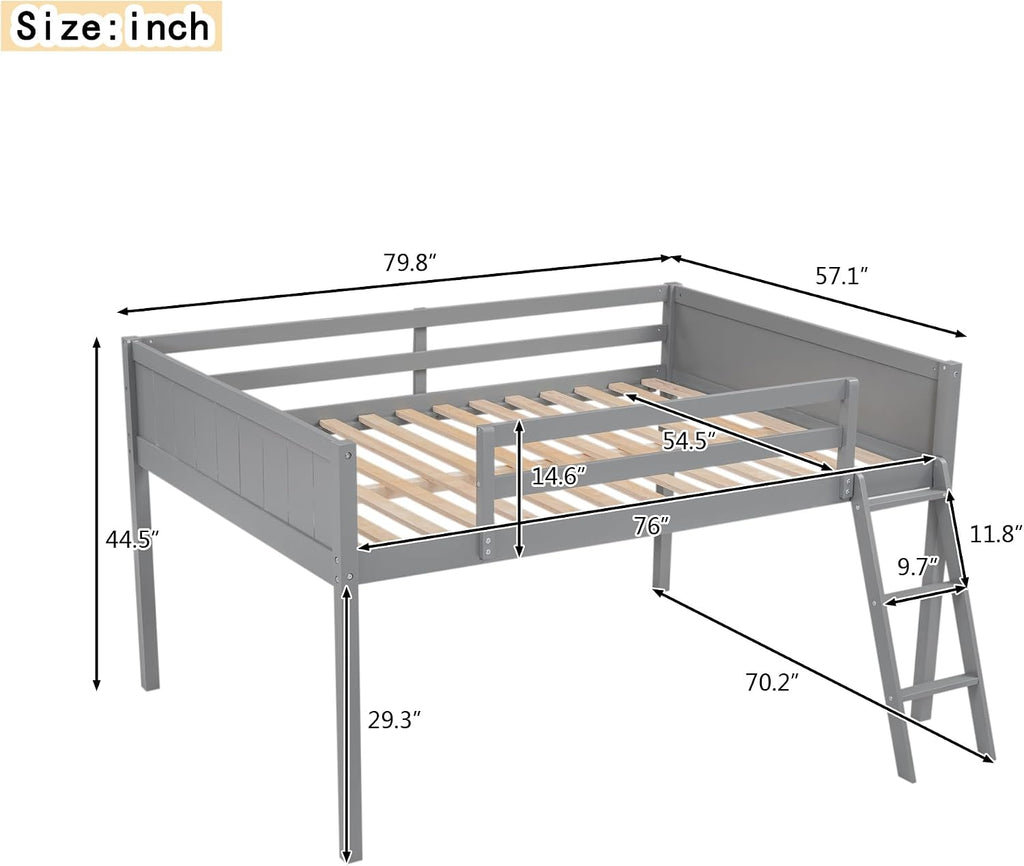 Full Size Loft Bed, Wood Loft Bed with Convertible Ladder, Ladder can be Placed on the Left or Right, Low Loft Bed with Full-Length Guardrails, No Box Spring Required (Gray,Full & Convertible Ladder)