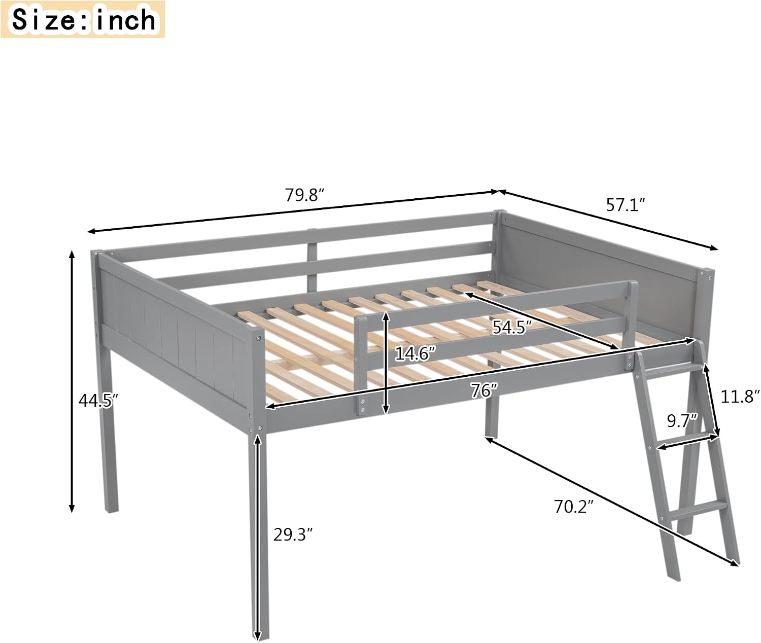 Full Size Loft Bed, Wood Loft Bed with Convertible Ladder, Ladder can be Placed on the Left or Right, Low Loft Bed with Full-Length Guardrails, No Box Spring Required (Gray,Full & Convertible Ladder)