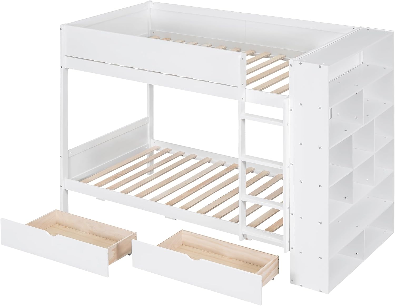 Twin Over Twin Bunk Bed with Bookcase, Wood Bunk Bed Frame with 2 Drawers and Multi-Layer Cabinet Storage Shelves, Bed with High Guardrails for Kids Teens(White, Twin)