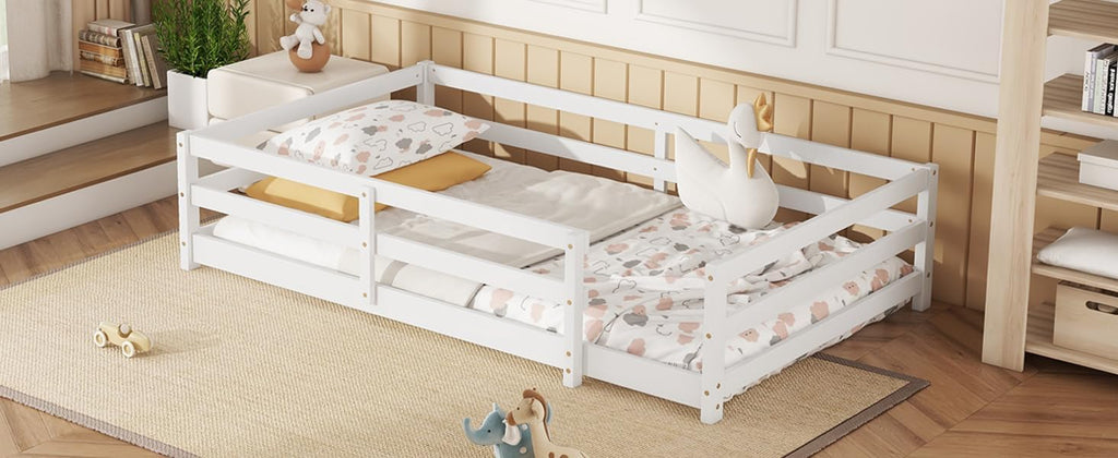 Modern Classic Full Size Bed Frame with Fence, Sturdy Wood Montessori Floor Bed for s, Boys, Girls, Dorm, Bedroom, House, Easy to Assemble, Noise-Free Design, No Box Spring Needed,White-Tw
