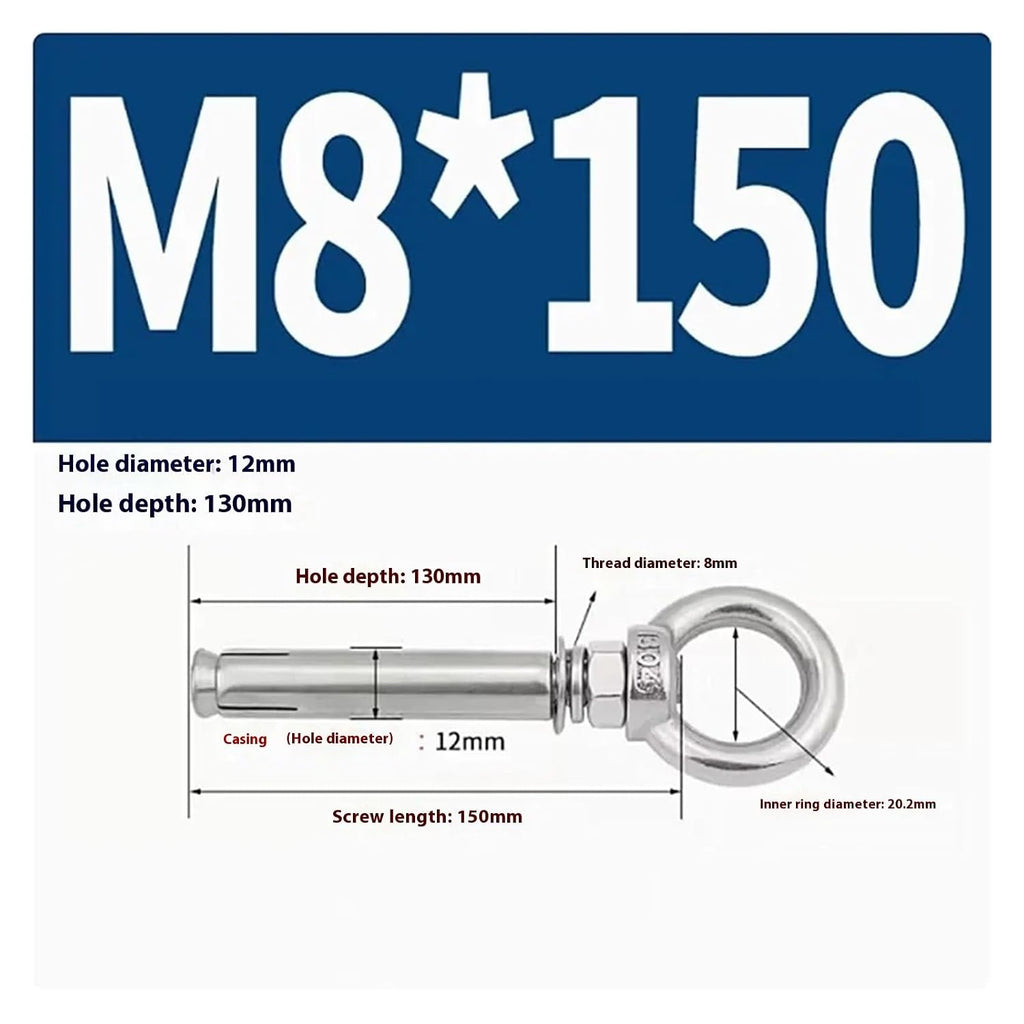 Anchor Bolts,Expansion Bolt, 5Pcs Stainless Steel Universal Ring Expansion Screw Sleeve Anchor Concrete Eye Bolt Installation Artifact Long Hook(M8*150MM)