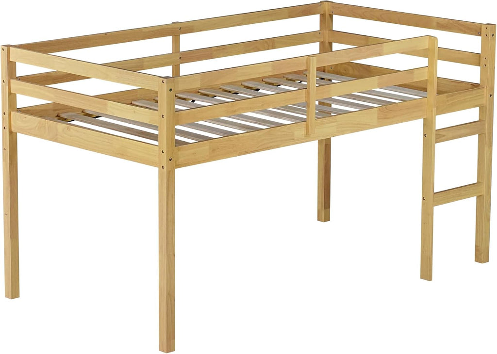 JIVOIT Twin Size Loft Bed with Ladder, Solid Rubber Wooden Low Height Loft Bed, Bed Platform of Strengthened Slats, No Box Spring Needed (Natural//14)