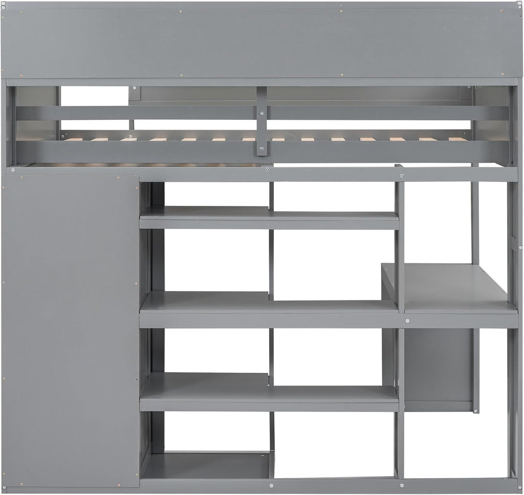 Wood Twin Size Loft Bed with Storage Shelves and Wardrobe,Bedroom Multifunctional Bed Frame w/Integrated Ladder/Full-Length Guardrails/3 Cabinets,for Kid Boy Girl Teen,Grey