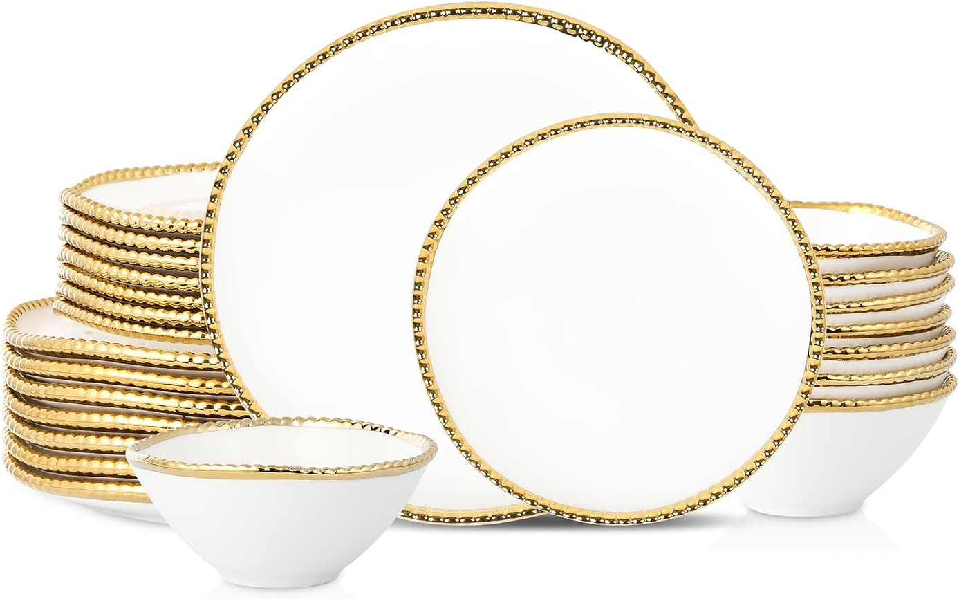 Christian Siriano Akoya Porcelain Dinnerware Set, 24-Piece - Dish Set for 8, Plates and Bowls Set, White and Gold