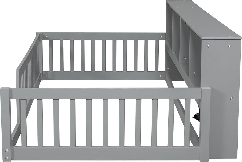 Bellemave Kids Montessori Floor Bed Twin XL Size,Floor Bed Frame with Bookcase and Charging Station for Kids Boys Girls,Gray