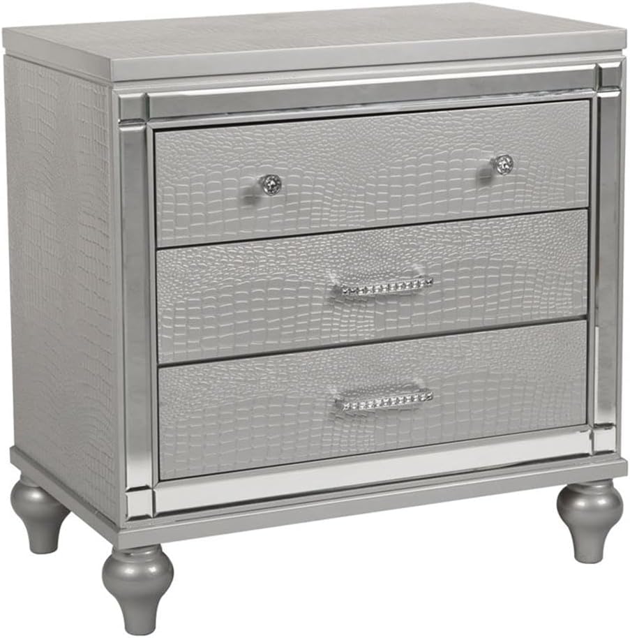 Pemberly Row Modern Solid Wood 3-Drawer Nightstand, Silver Finish, 31.33' W x 18.15' D x 29.33' H, Elegant Embossed Inlay, Durable MDF Drawers with Dovetail, Bedroom Storage Furniture
