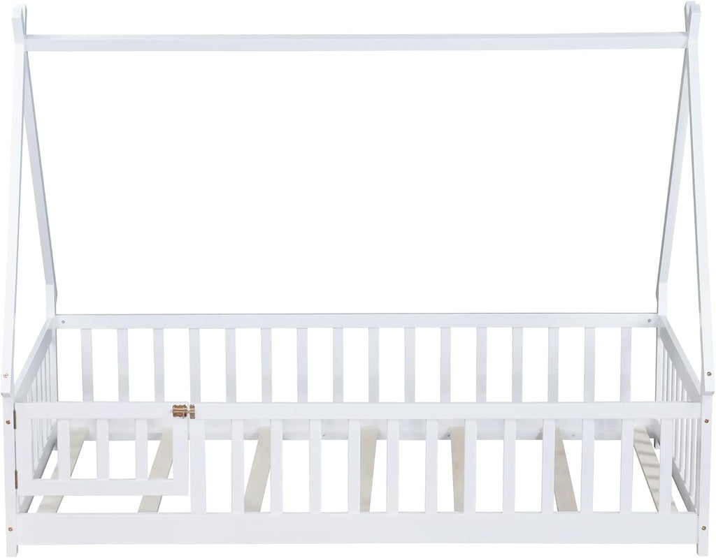 Bellemave Twin Size Tent Floor Bed for Kids,Solid Wood Teepee Montessori Floor Bed Frame with Door and Slats for Girls Boys(Twin,White)
