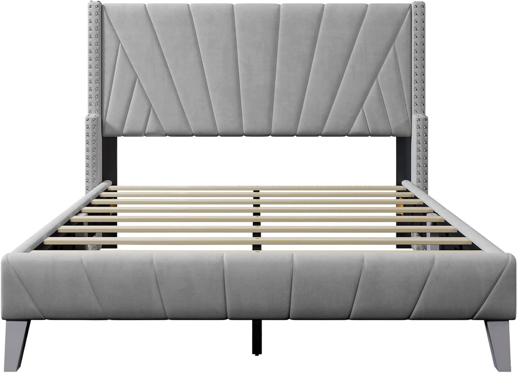3 Pieces Velvet Bedroom Set with Full Upholstered Bed and Two Nightstand, Contemporary Furniture Set for Bedroom Living Room (Gray+3 Pieces+Full)