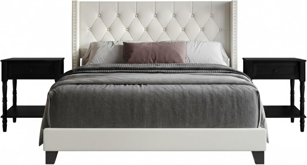 HOME DESIGN Homer Twin Tufted Wingback Upholstered Panel Bed with 2 Matching 1 Drawer Nightstands, Bedroom Furniture Set with Open Shelf Storage, Light Beige Black