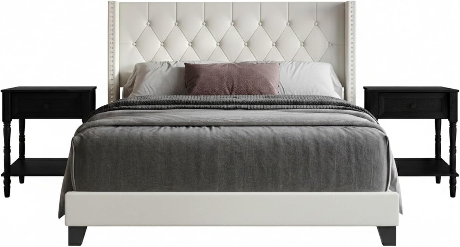 HOME DESIGN Homer Twin Tufted Wingback Upholstered Panel Bed with 2 Matching 1 Drawer Nightstands, Bedroom Furniture Set with Open Shelf Storage, Light Beige Black