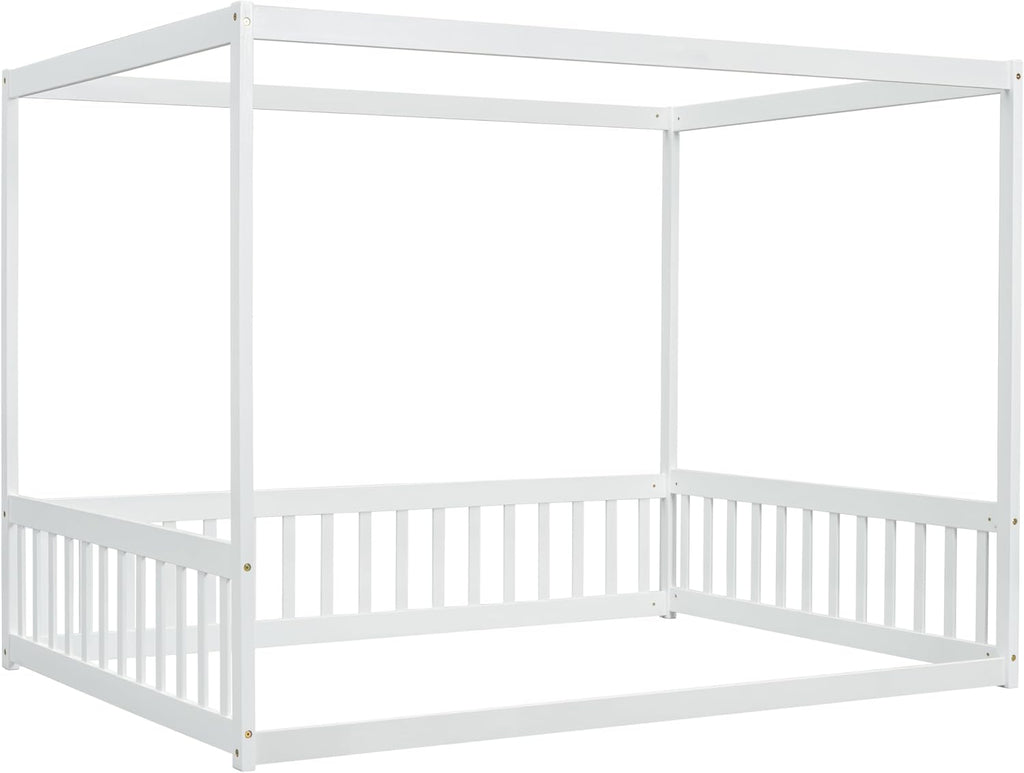 Full Size Canopy Bed Frame with Guardrails for Kids,Floor Bed Full with Four Poster Design,Kids Montessori Floor Bed,Wood Canopy Bed Frame for Girls,Boys(Full,White)
