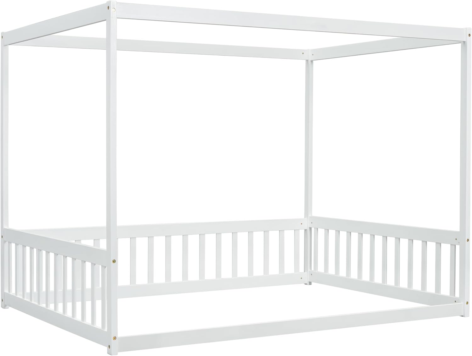 Full Size Canopy Bed Frame with Guardrails for Kids,Floor Bed Full with Four Poster Design,Kids Montessori Floor Bed,Wood Canopy Bed Frame for Girls,Boys(Full,White)