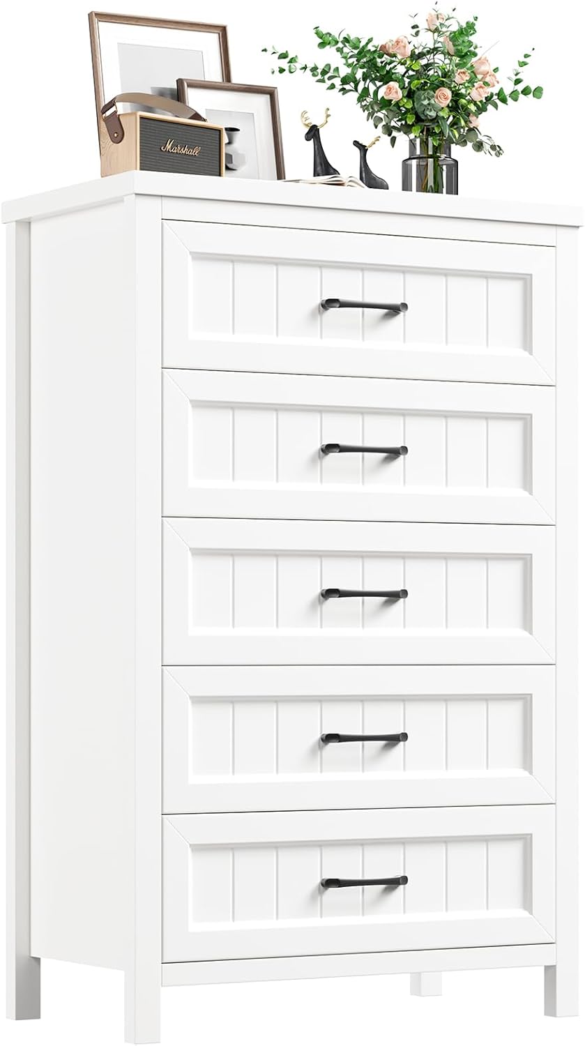 Jocoevol 5 Drawer Dresser for Bedroom - Farmhouse 44.9' Tall Chest of Dresser with Large Storage, Rubst Wood Construction for Living Room, Hallway & Entryway - White