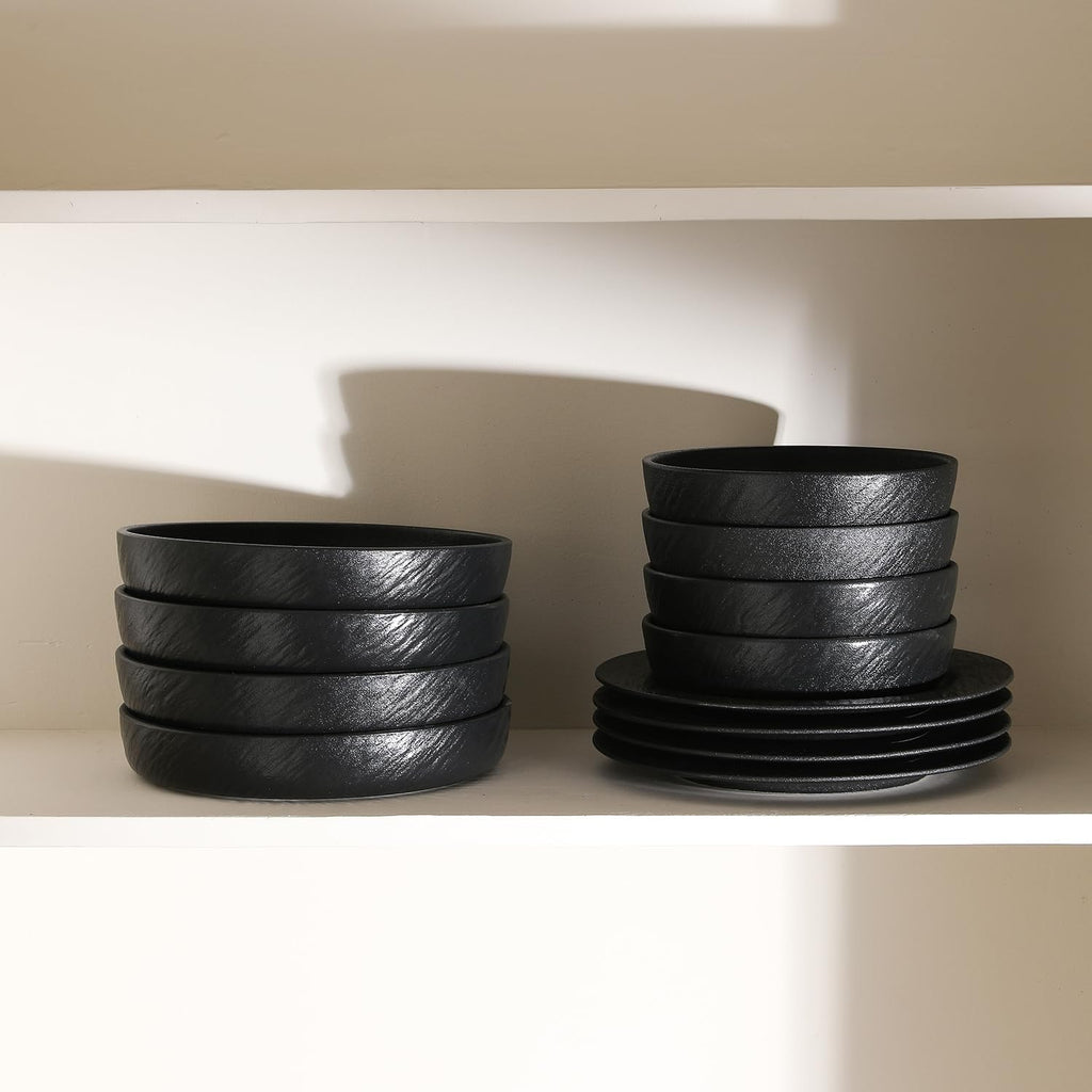 Stone Lain Senso 12-Piece Dinnerware Set New Bone China, Plates and Bowls Sets, Dish set for 4, Dinner and Salad Plates, Black