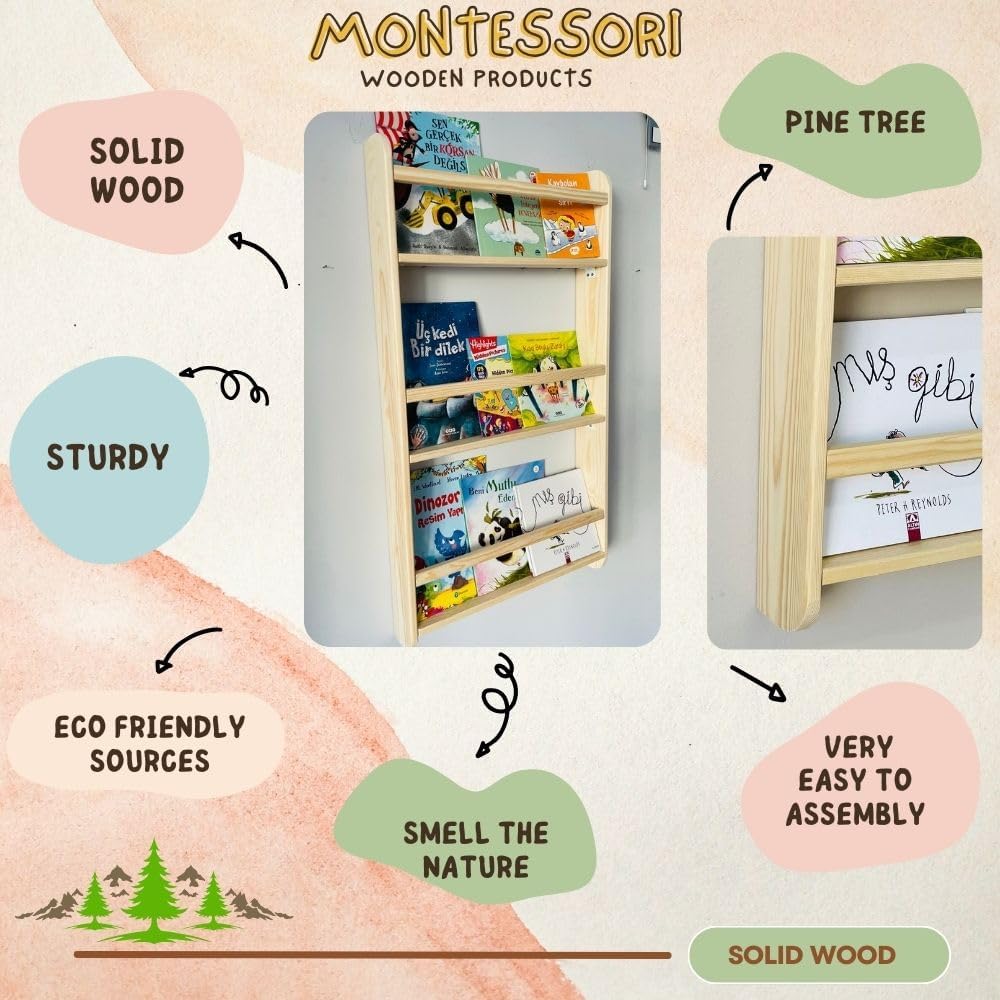3 Tier Natural Wood Handmade Montessori Kids Bookshelf Wall Mounted Children Bedroom, Nursery (Narrow 13' Width, Chestnut)