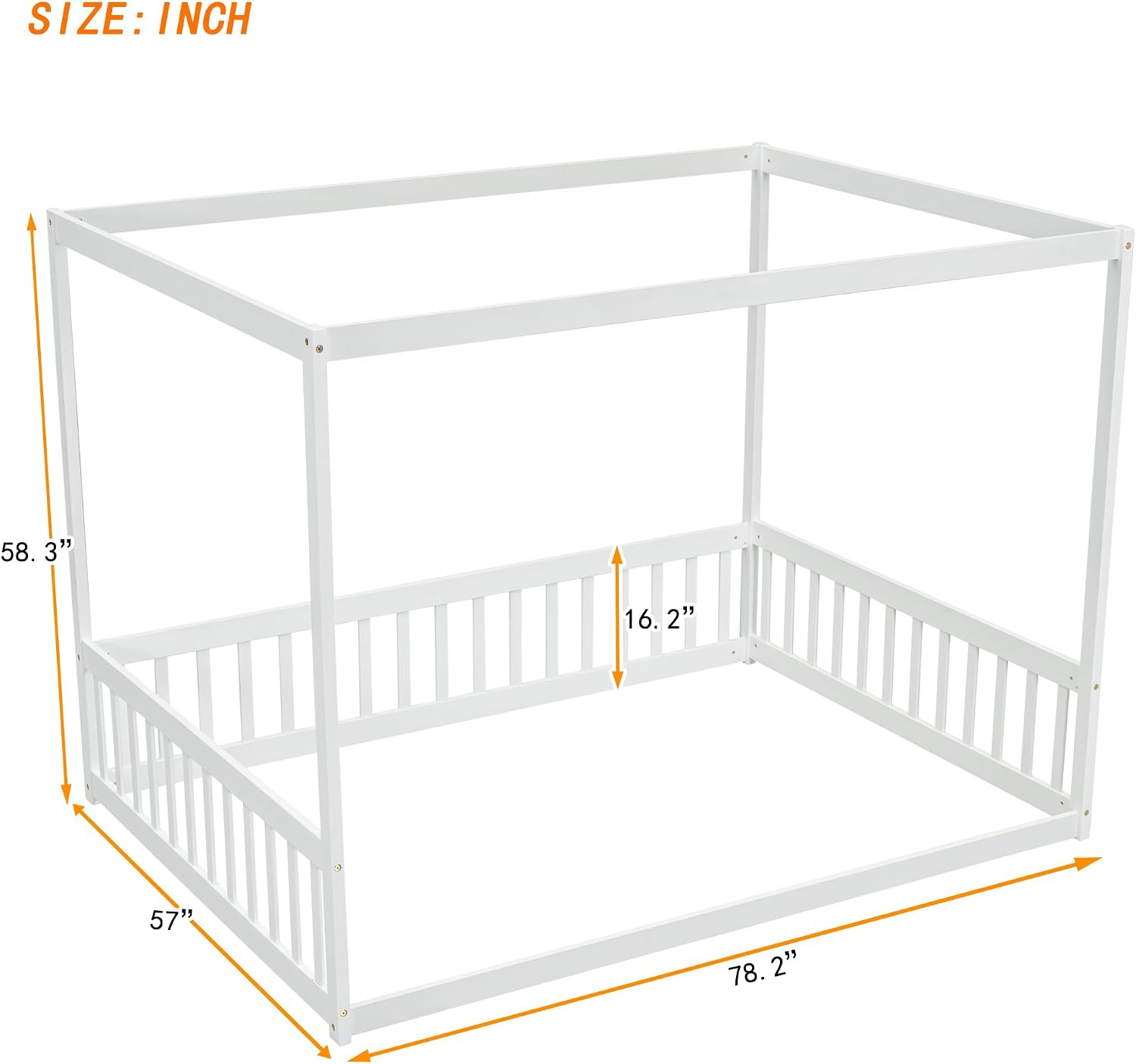 Full Size Canopy Bed Frame with Guardrails for Kids,Floor Bed Full with Four Poster Design,Kids Montessori Floor Bed,Wood Canopy Bed Frame for Girls,Boys(Full,White)