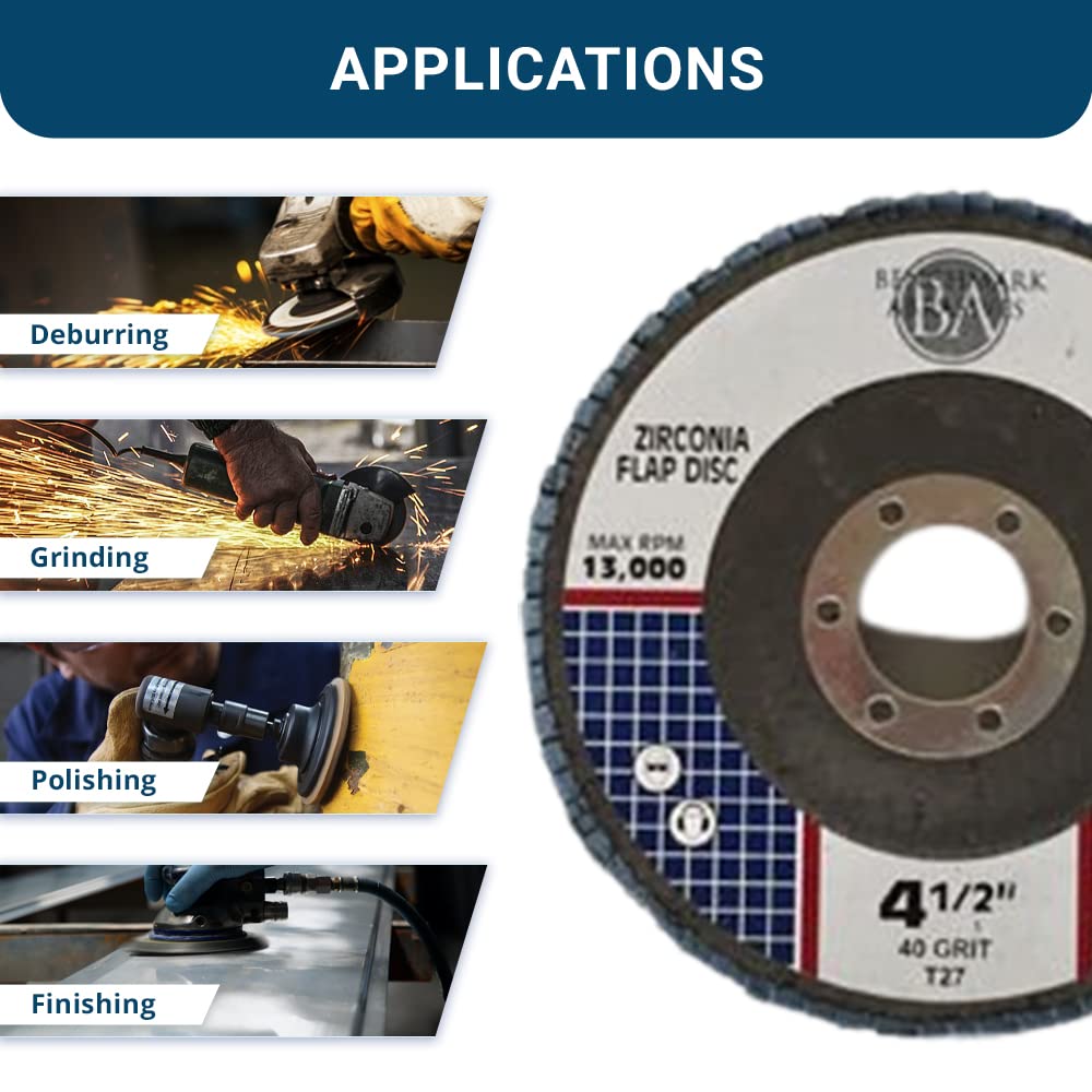 Benchmark Abrasives Professional 4.5' Zirconia Type 27 Flap Disc Grinding Wheel Set with 7/8' Arbor for Metal Sanding & Finishing - 40 Grit (100 Pack)