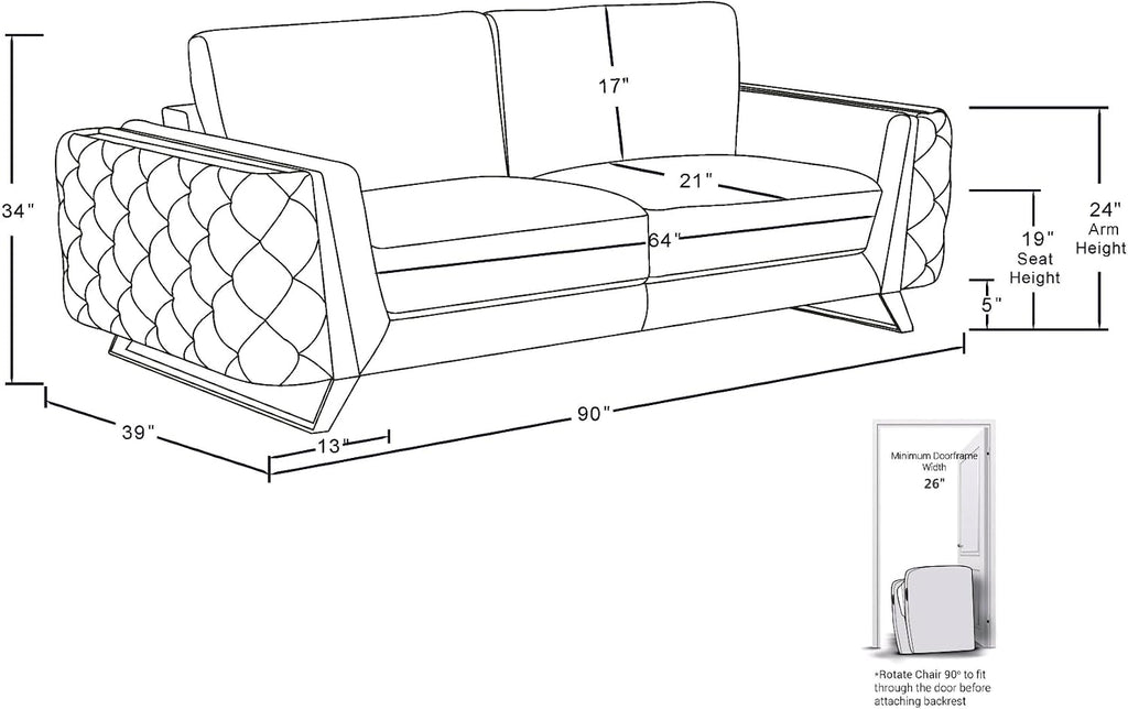 Blackjack Furniture Reggio Collection Full Grain Italian Leather Sofas for Living Room with Brazilian Wood Frame and Stainless Steel Legs, 3-Piece Set, Sofa, Loveseat, and Chair, White