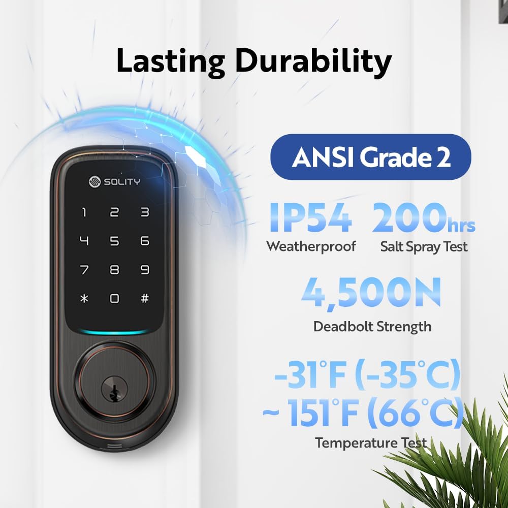 Solity No-Hub Smart Digital Door Lock, Designed in Korea, Keyless Entry, Wi-Fi, Remote Control, Touchscreen Keypad, Auto Lock, IP54 Waterproof GT10K Keypad (Oil Rubbed Bronze)