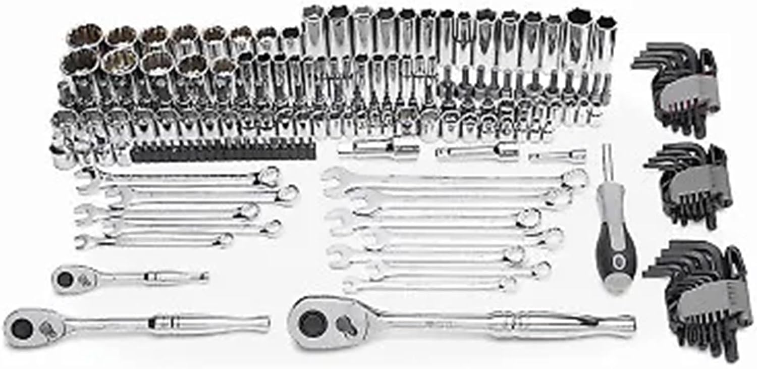 Master Mechanic 180 Piece Mechanics SAE and Metric Socket Tool Kit with 1/4, 3/8, and 1/2 Inch Drive, Assorted Bits, Adapters, Wrenches, and Hex Keys