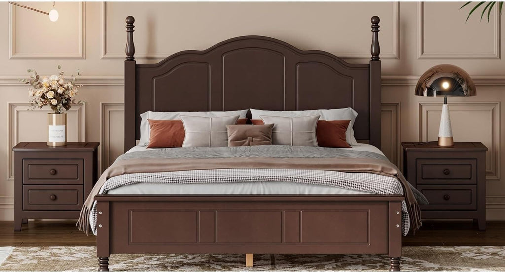 A Three-Piece Furniture Set, A Sturdy Wooden Bed with A Bedside Table, Suitable for A Family Setting(Dark Walnut(Full))