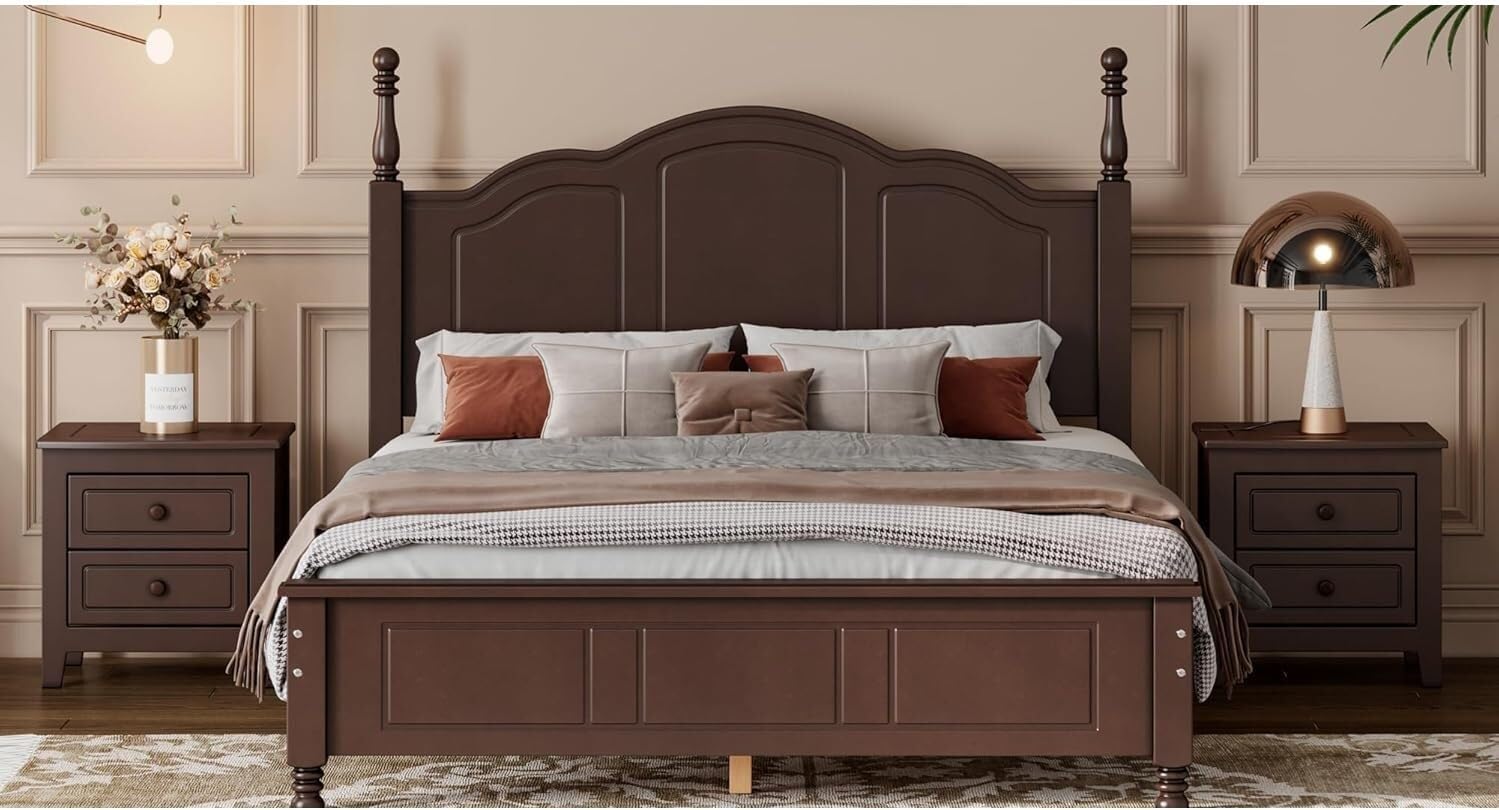 A Three-Piece Furniture Set, A Sturdy Wooden Bed with A Bedside Table, Suitable for A Family Setting(Dark Walnut(Full))