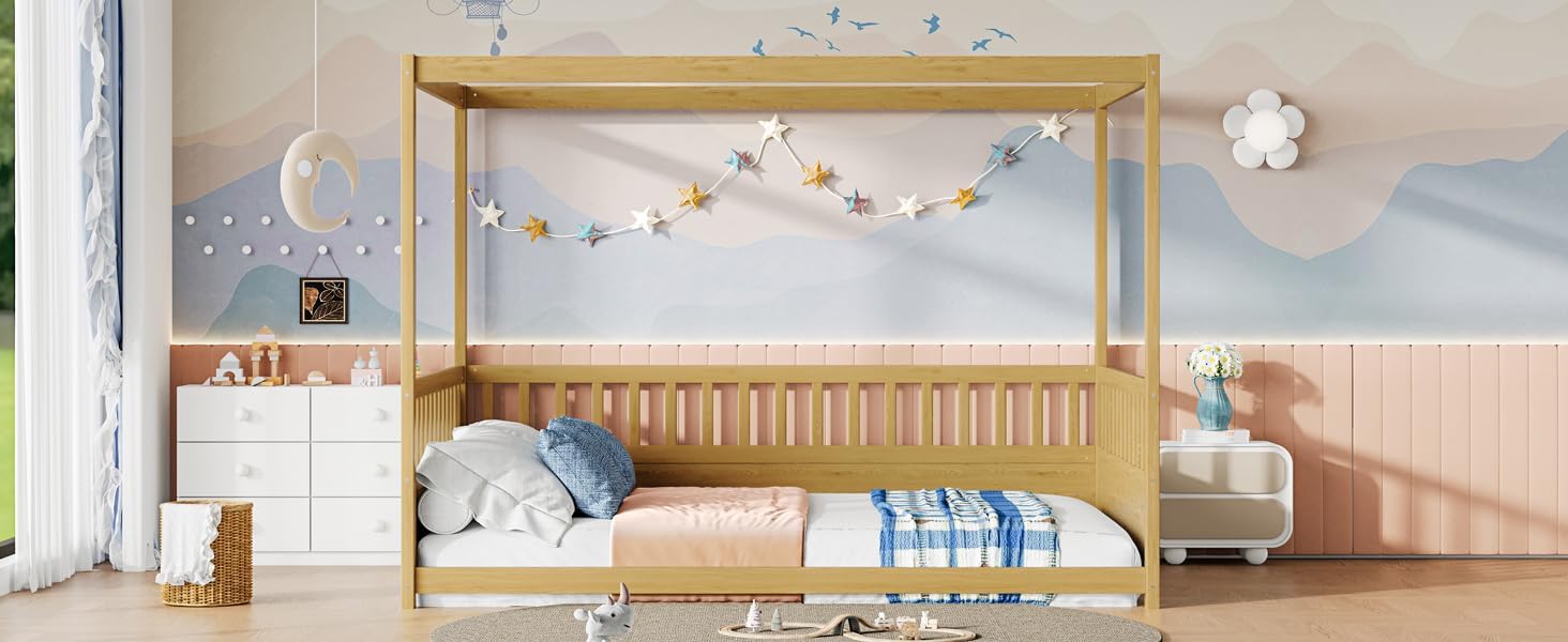 Full Size Canopy Bed Frame with Guardrails,Floor Bed Full with Four Poster Design,Montessori Floor Bed,Wood Canopy Bed Frame for Girls,Boys(Full,Natural)