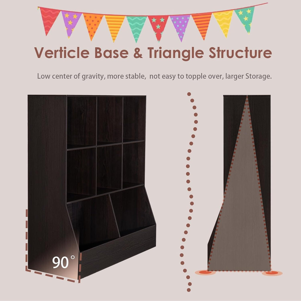 DINZI LVJ Toy Storage Organizer, Kids Bookshelf, Wood Toy Storage Cabinet, 3-Tier 8 Cubby Children Bookcase, 39.4' L Toddler Book Shelf for Playroom, Living Room, Nursery, Hallway, Classroom, Espresso
