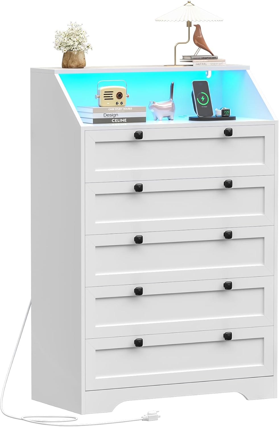 Wodeer White Dresser Tall 5 Drawer Dresser for Bedroom, Wood Chest of Drawers with LED Lights, Charging Station, Metal Handles, Modern Storage Cabinet and Organizer Drawers for Living Room, Hallway