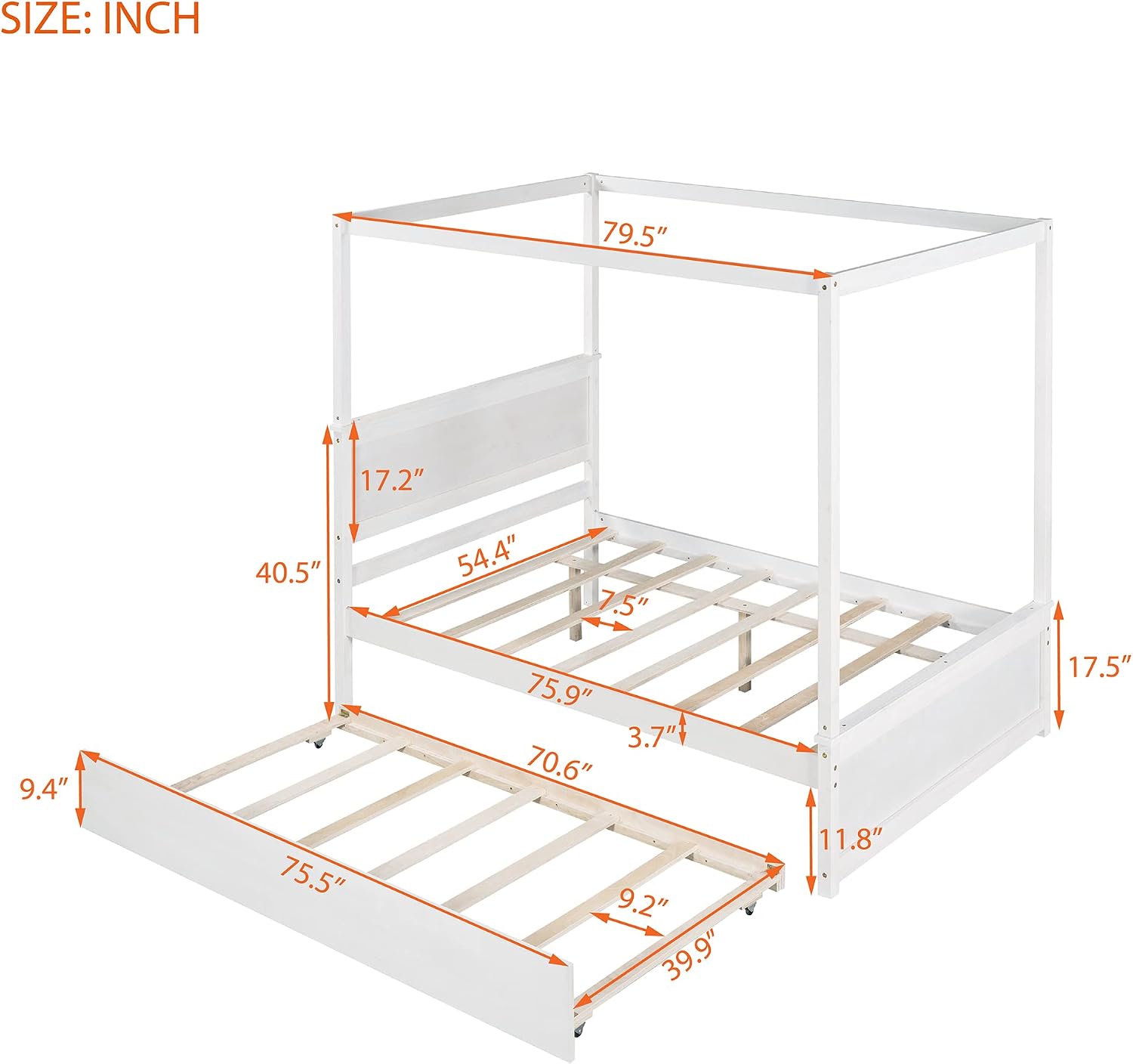 Full Size Wood Canopy Bed with Trundle Bed and Two Nightstand, Modern Bedroom Set for Kids Girls Boys Teens,Can Be Freely Decorated (White+Bedroom Set)
